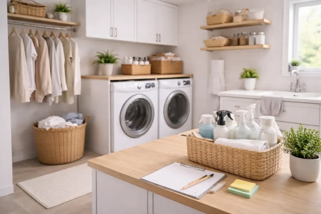 Organized minimalist home office illustrating how to adjust a household cleaning system for sustainable upkeep