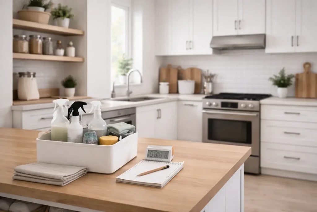 Time-aware cleaning setup on a minimalist kitchen island with organized cleaning supplies and timer, illustrating structured maintenance for maintaining a clean home with limited time.