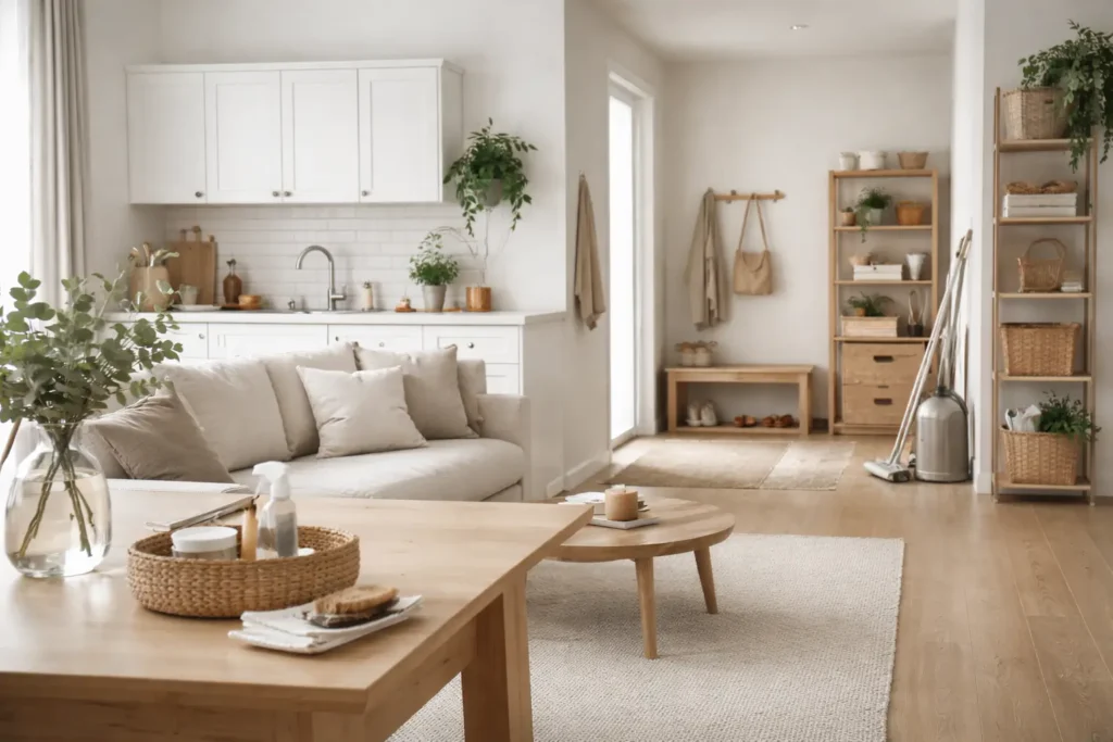 Organized family living space illustrating a structured cleaning system designed for homes with limited time