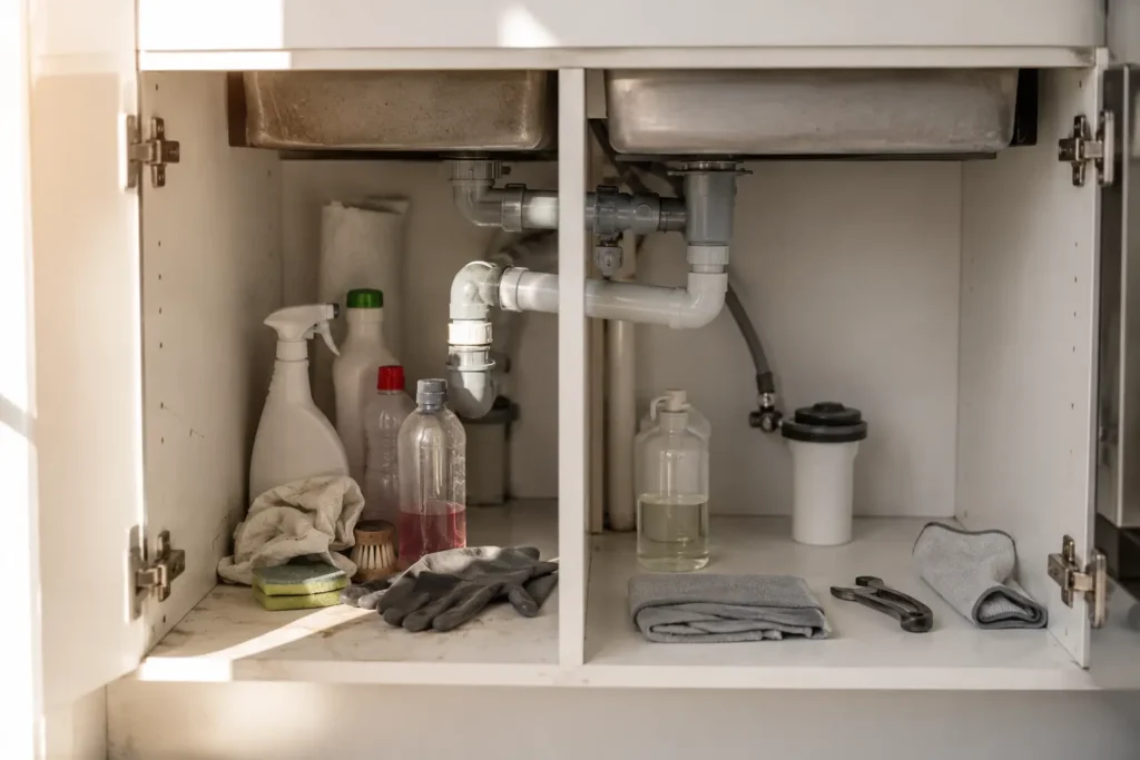 under sink cabinet showing the difference between reactive cleaning and preventive home maintenance systems