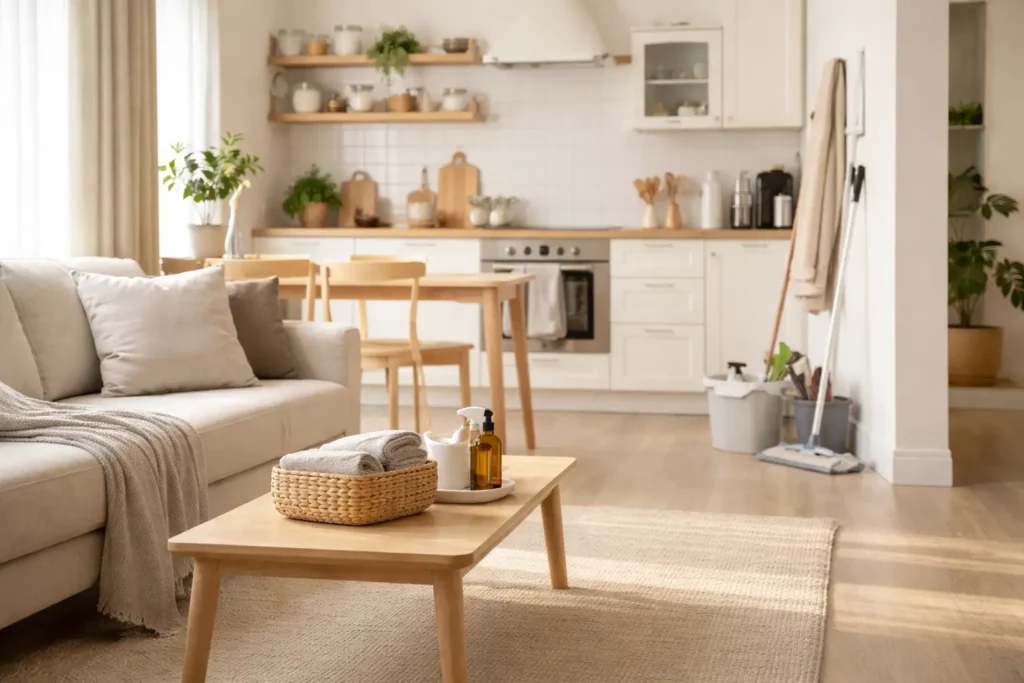 organized minimalist home interior illustrating the difference between cleaning and household maintenance through structured upkeep