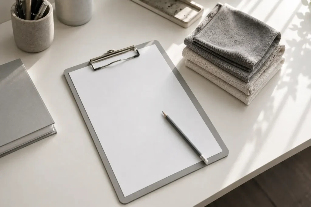 Top-down view of a structured family home maintenance planning desk with neutral clipboard and microfiber cloths arranged for distributed cleaning system design