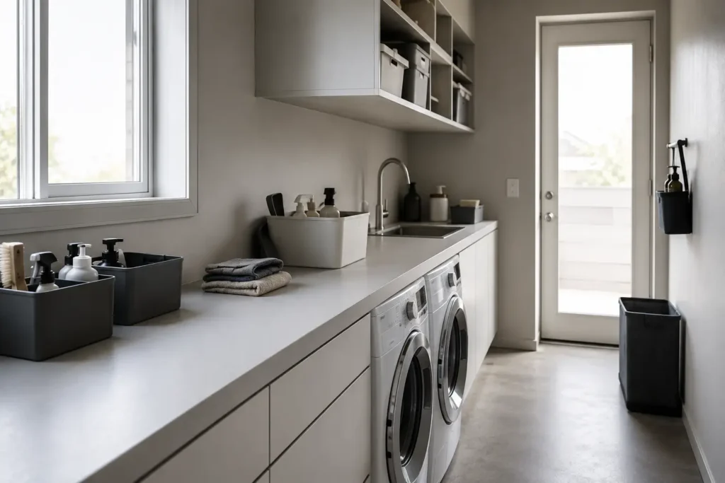 minimalist laundry space showing a flexible household maintenance system with distributed tasks and long-term upkeep structure