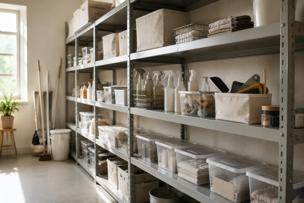 organized shelf-based storage system showing consistent household maintenance structure with evenly distributed tools and supplies