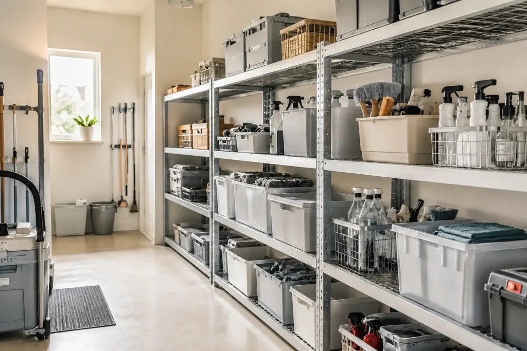 organized utility room with distributed maintenance tools across multiple zones representing household workload distribution system