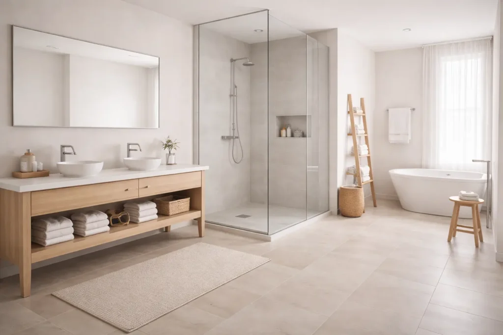 Minimalist bathroom interior illustrating Household Maintenance Workload through evenly distributed functional zones and structural stability