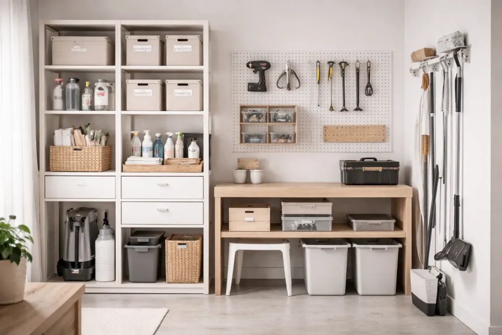 Organized home maintenance room with shelving, tools, storage bins, and structured household system setup for long-term stability.