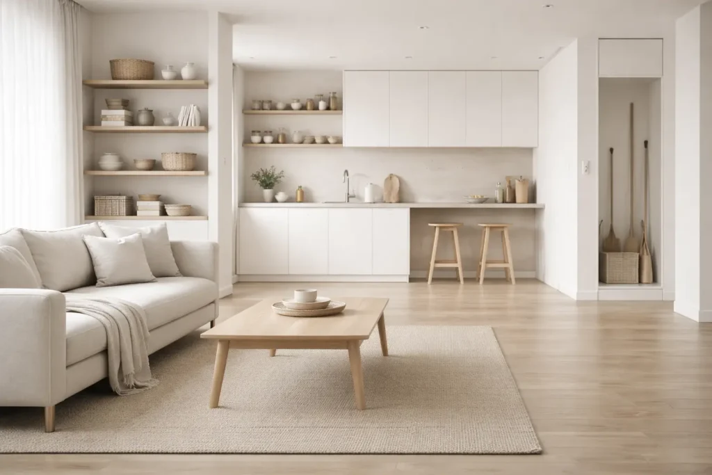 Minimalist home interior demonstrating household system stability through balanced layout, neutral tones, and evenly distributed functional zones.