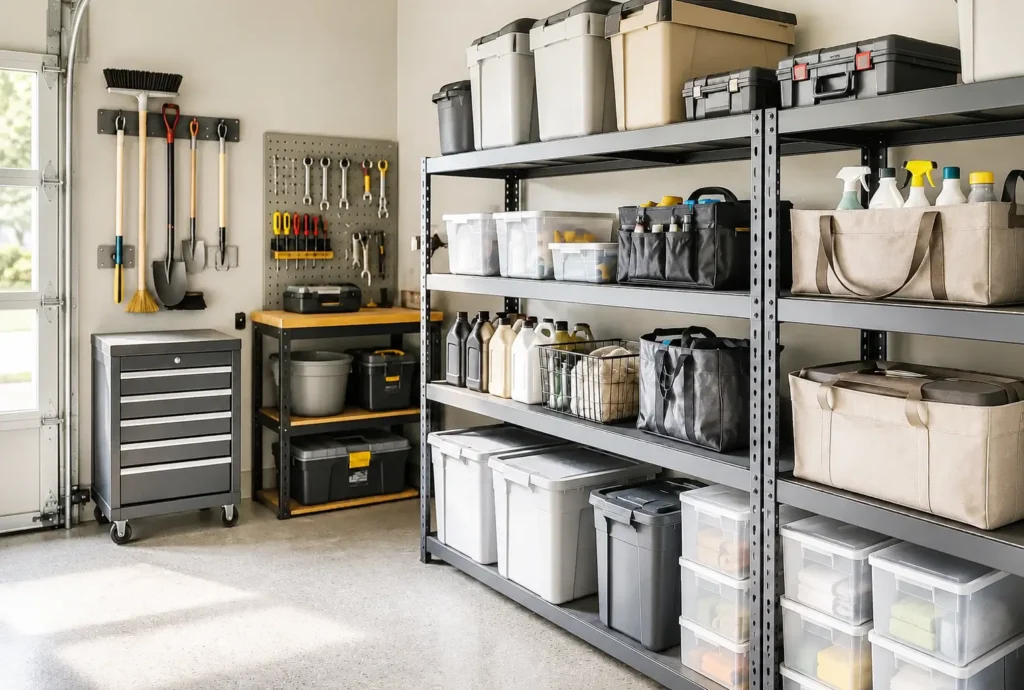 Organized garage storage system illustrating load redistribution and structured household maintenance cycles with modular shelving and balanced tool distribution.