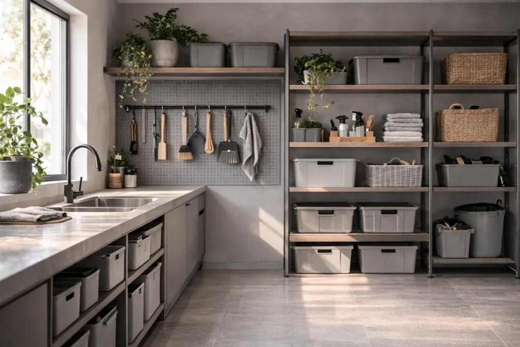 Minimalist kitchen maintenance zone organized under a long-term household maintenance plan with industrial utility shelving and structural storage distribution