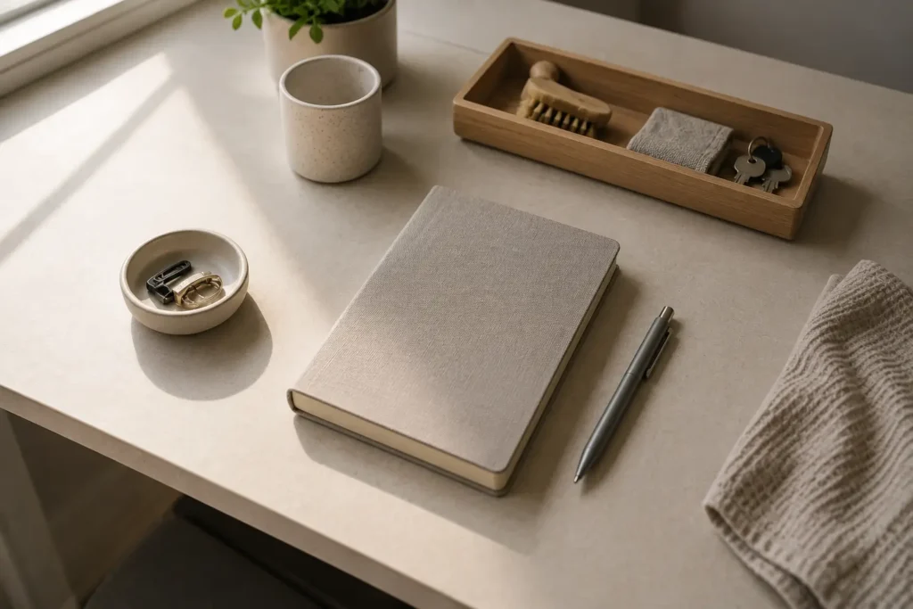 minimal maintenance planning desk showing a low-energy cleaning system with simplified setup and essential household items