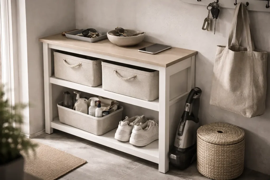 entryway storage system organized for maintaining a clean home with limited time using simple daily maintenance zones