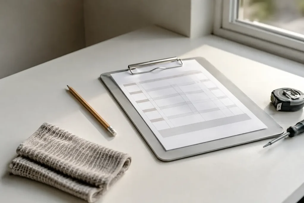 Minimalist maintenance planning desk with structured layout sheet and cleaning tools representing household cleaning system design