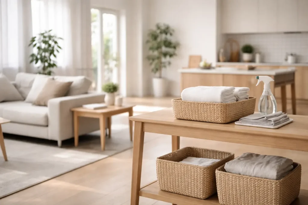 Minimalist cleaning system setup in an organized family home interior with structured storage and neutral design.