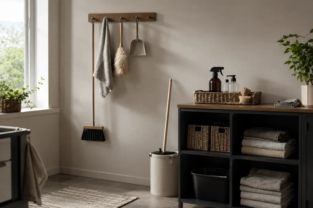 Minimalist kitchen maintenance setup showing essential cleaning tools for a low-effort weekly home maintenance system.