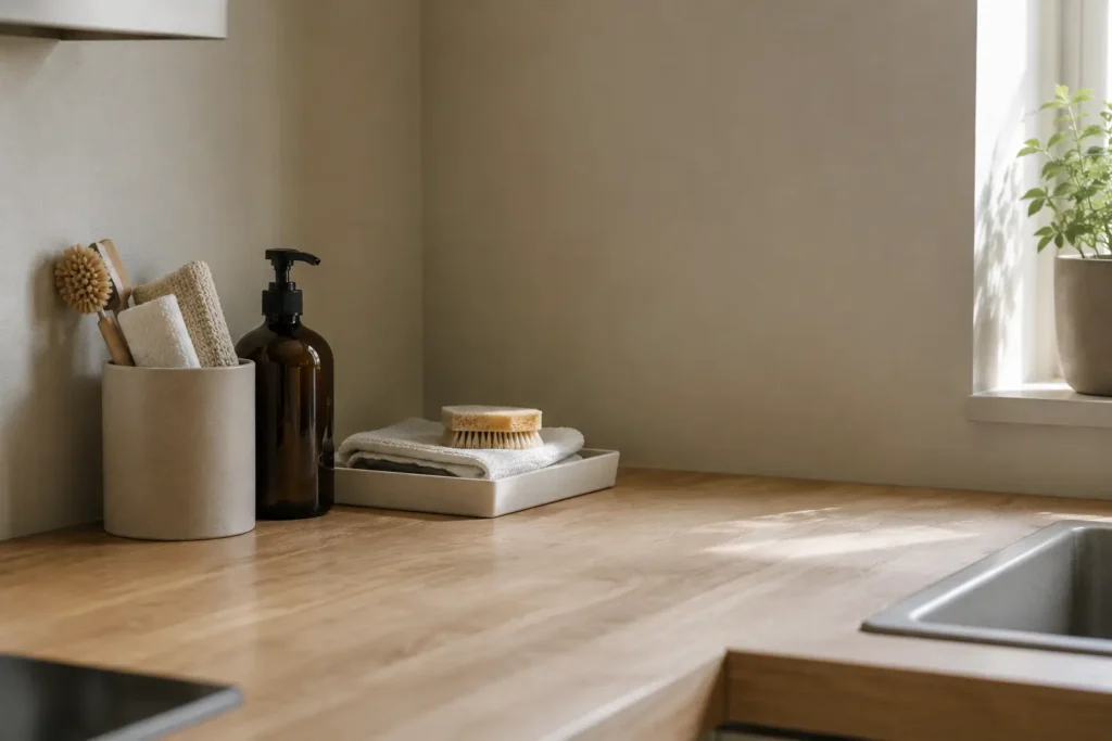 Minimalist cleaning system setup showing essential household maintenance tools and reduced weekly cleaning workload