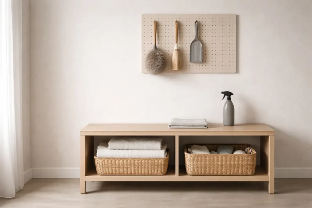 Minimalist household maintenance corner with pegboard tools, woven baskets, folded cloth and neutral spray bottle in a structured, organized setup.