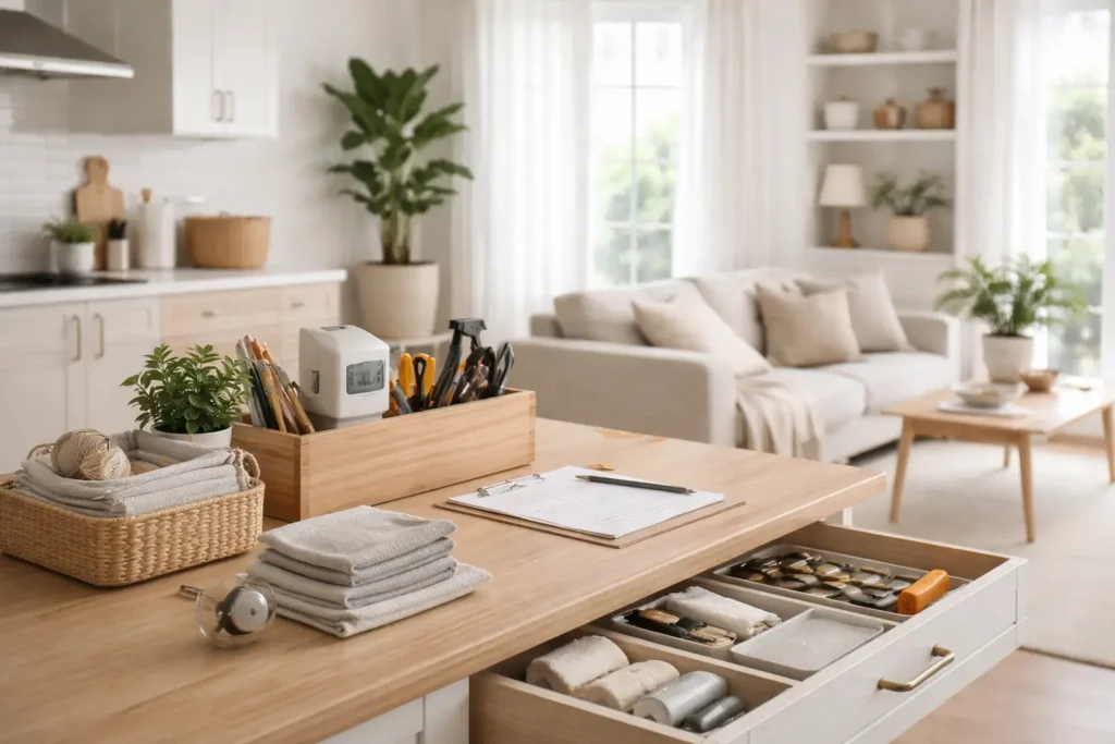 Organized kitchen drawer and maintenance tools representing a monthly home maintenance checklist and structured household system