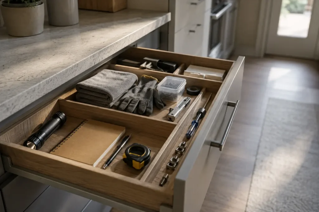 Organized household maintenance drawer with tools and supplies supporting a monthly home maintenance checklist and long-term home stability
