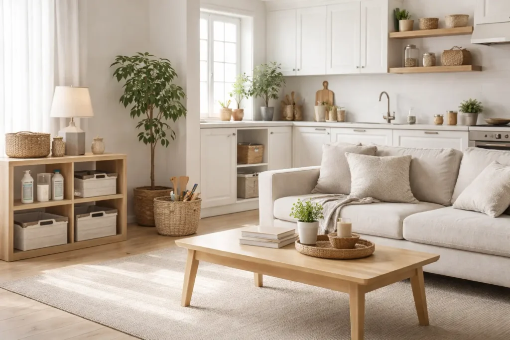 Bright, organized home interior representing preventive household maintenance and long-term home stability.