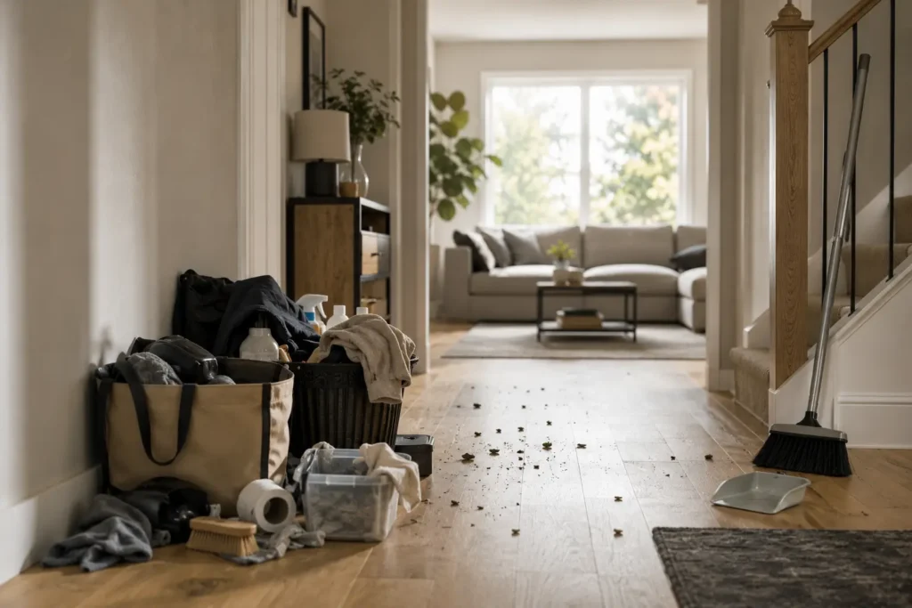 Household maintenance area showing accumulated cleaning tasks before structured preventive upkeep restores system stability.