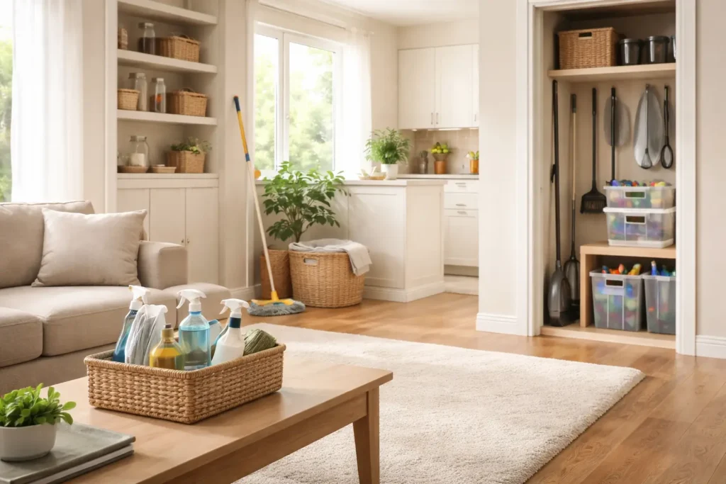 Minimalist home interior illustrating a reset household cleaning system with organized storage and balanced maintenance structure.
