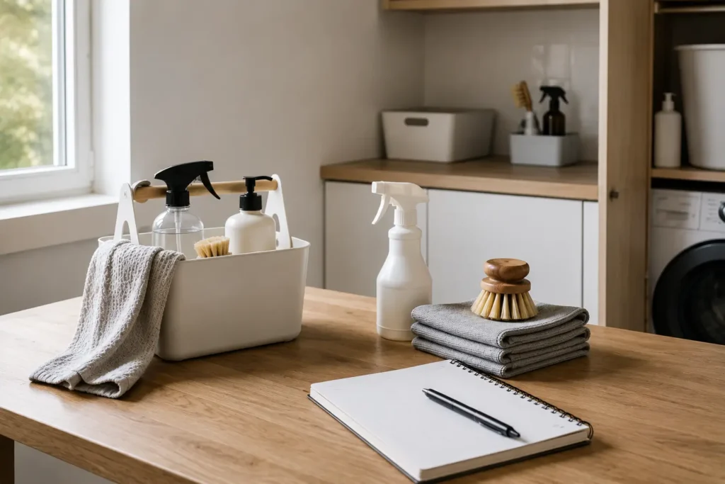 minimalist household cleaning system reset showing simplified maintenance setup and structured organization