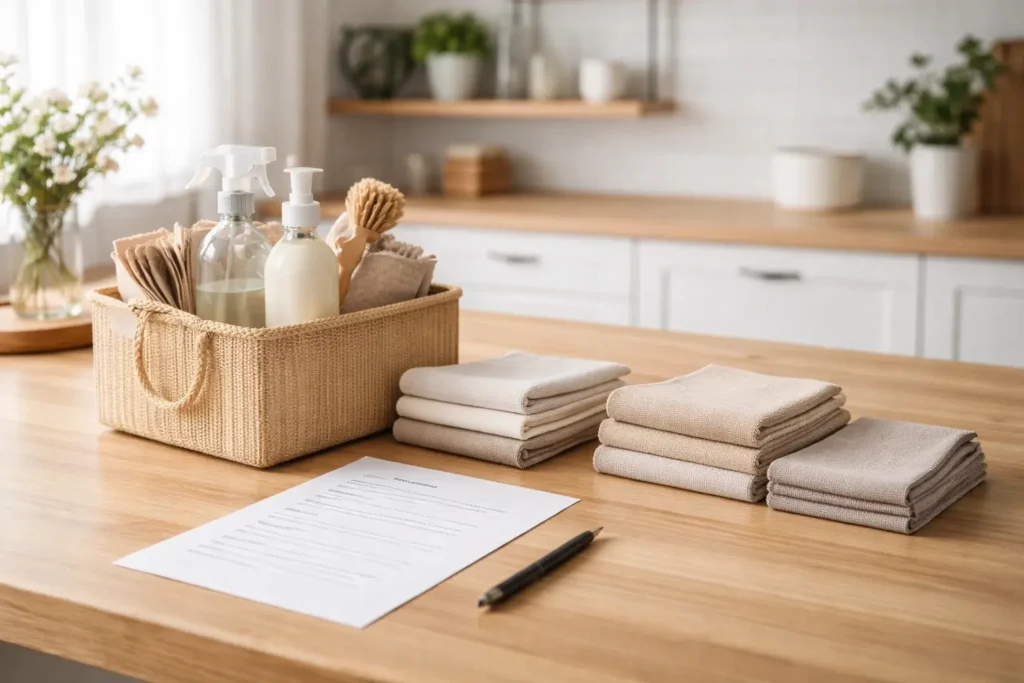 Minimalist reset household cleaning system setup with organized cleaning supplies and structured checklist on a wooden table