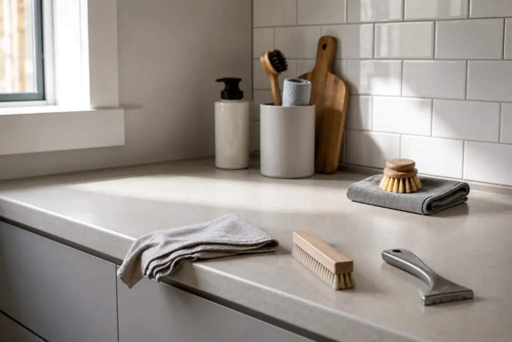 minimalist kitchen maintenance setup showing seasonal cleaning system and distributed home upkeep over time