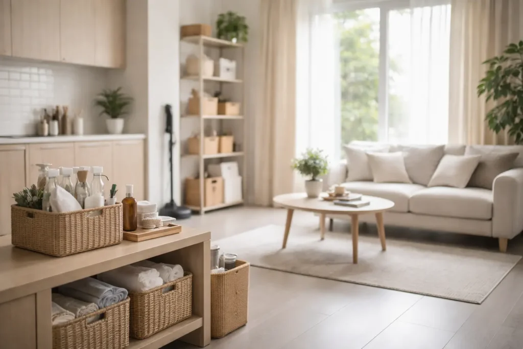 Minimalist organized home interior illustrating a simple cleaning system with structured maintenance zones and daily reset areas