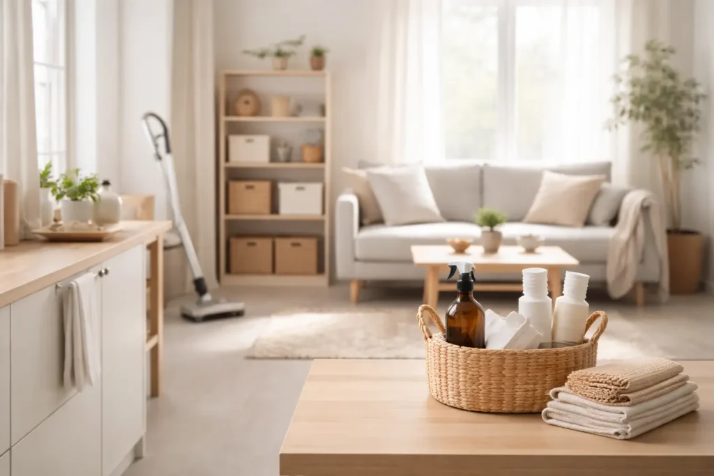 Small home interior showing an organized cleaning setup as part of a simple cleaning system for small homes.