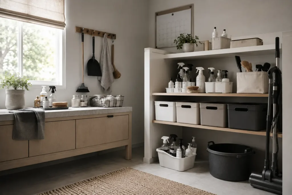 Structured cleaning system setup in a small home utility area with organized maintenance supplies and frequency-based layout