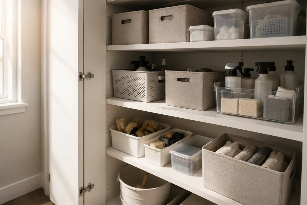 organized storage cabinet showing a simple cleaning system with layered maintenance zones and evenly distributed household supplies