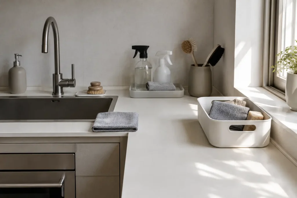 Kitchen counter daily reset setup showing structured small daily cleaning system with microfiber cloths and essential maintenance tools in neutral minimalist space