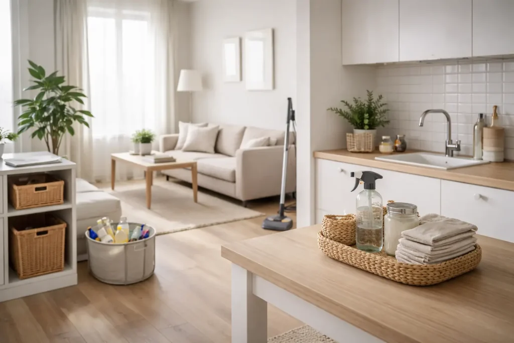 Organized minimalist home interior illustrating small daily cleaning systems and structured household maintenance.