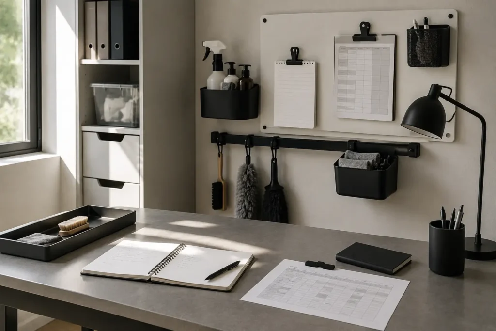 Minimalist maintenance planning desk with structured task layout and cleaning tools in neutral modern home environment