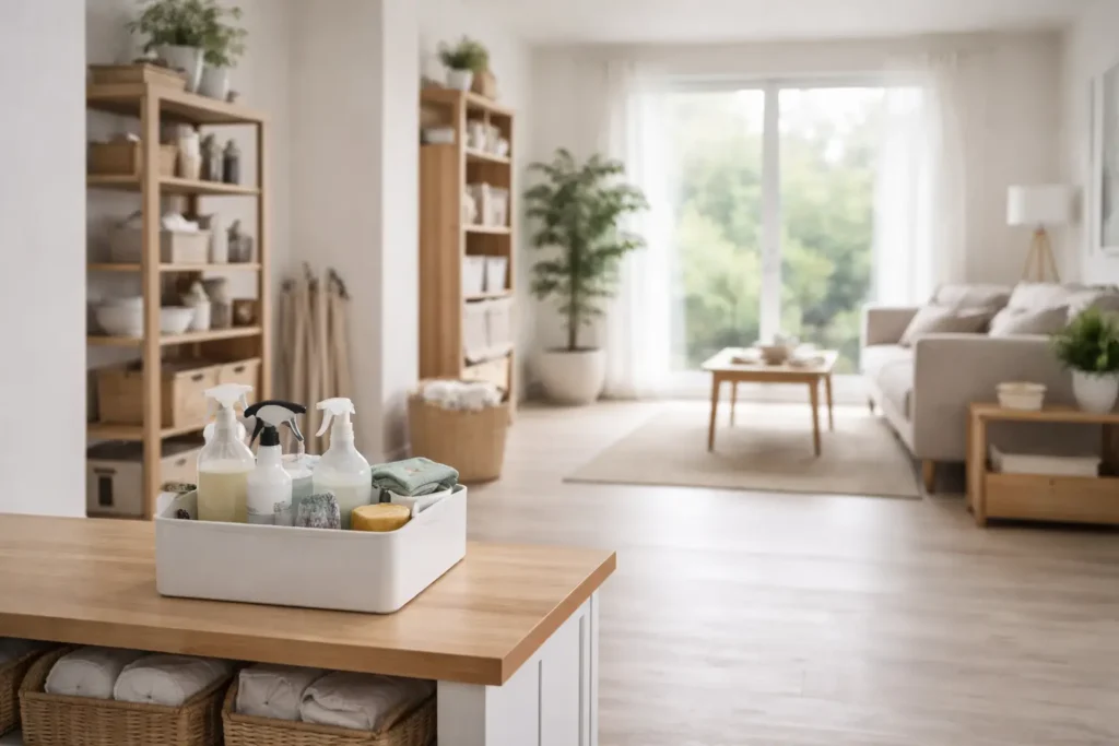 Minimalist home interior illustrating sustainable household upkeep with a balanced and structured cleaning system