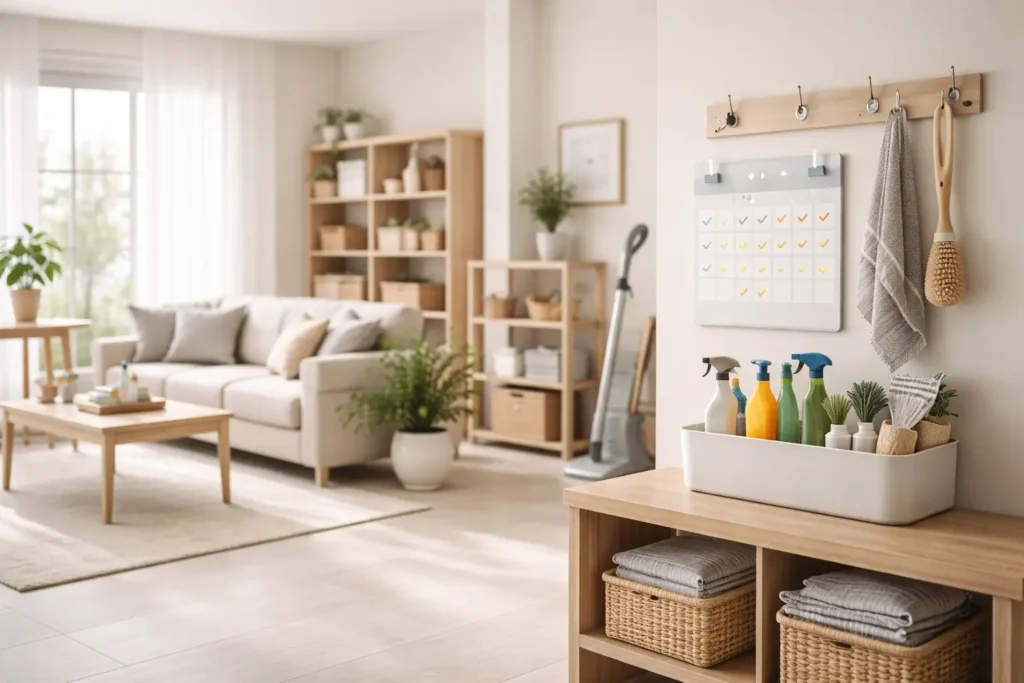 System-based cleaning system in a well-organized minimalist home interior designed for long-term maintenance stability.