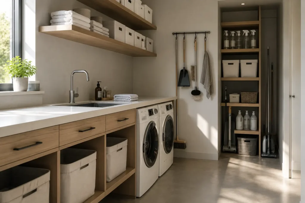 Well-organized laundry utility space representing a system-based cleaning structure with defined zones and distributed maintenance tasks.