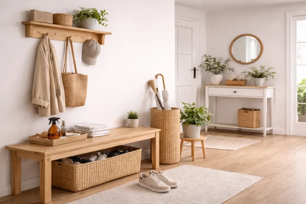 organized high-traffic entryway maintained with a time-efficient cleaning system
