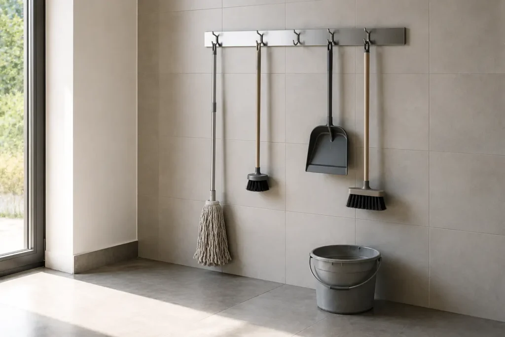 Minimalist utility room with wall-mounted cleaning tools organized in a structured household maintenance system