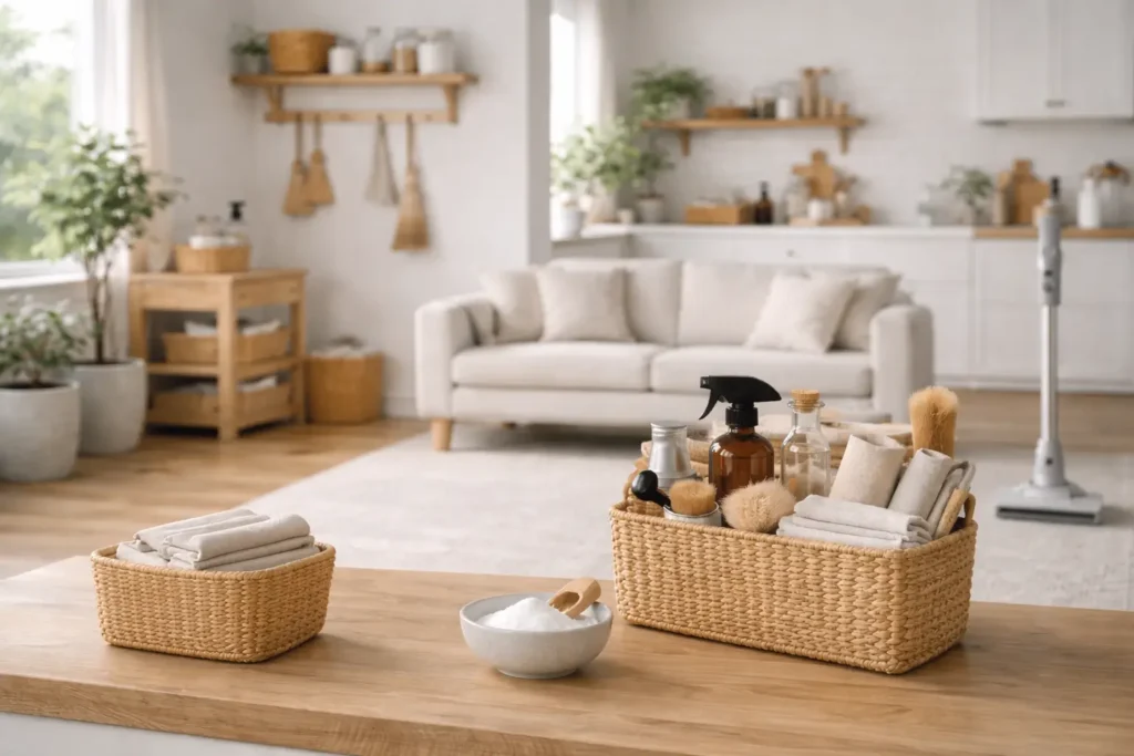 Minimalist organized home interior illustrating a weekly household upkeep system with structured cleaning tools and maintained living spaces.