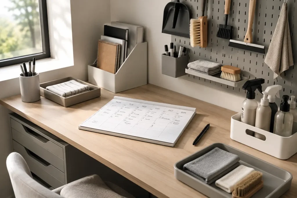 Structured weekly household upkeep planning desk with organized tools and maintenance layout in neutral modern home interior