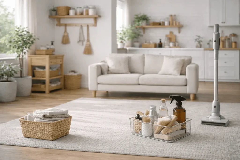 Minimalist organized home interior illustrating a structured household cleaning system without relying on daily routines.