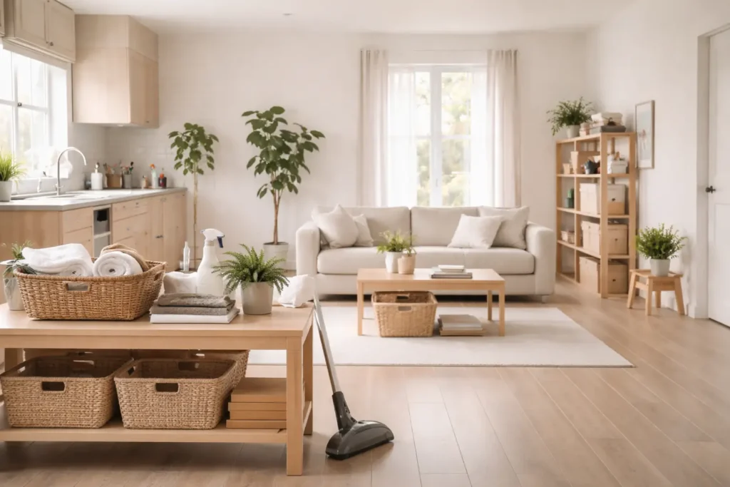 Organized minimalist home interior illustrating a zone-based cleaning system and structured household maintenance.