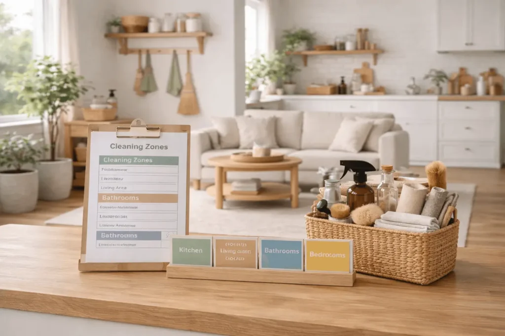 Organized home interior illustrating a zone cleaning schedule system with clearly defined household maintenance areas.