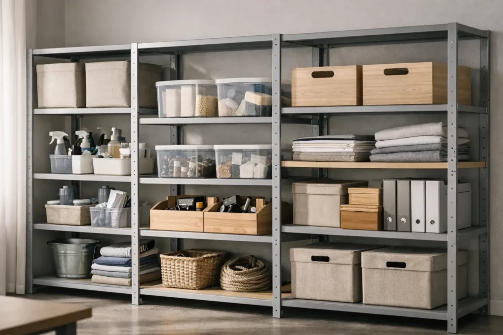 organized shelf-based storage system with clearly defined zones for household cleaning and maintenance tasks