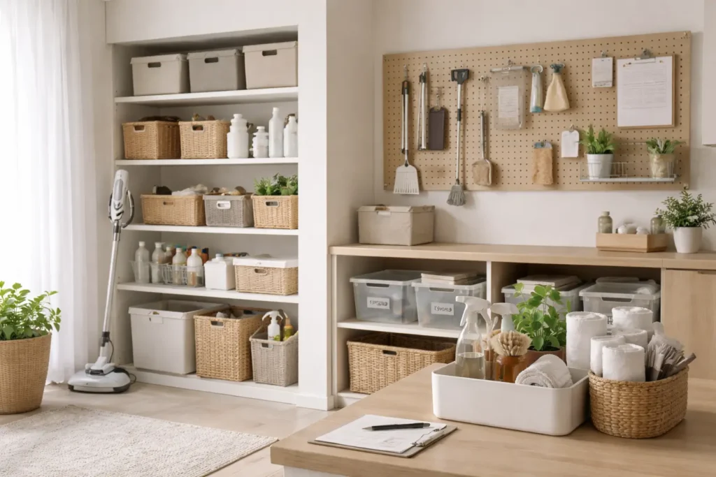 Well-organized utility space with structured household maintenance system, labeled storage bins, cleaning tools, and balanced shelving layout