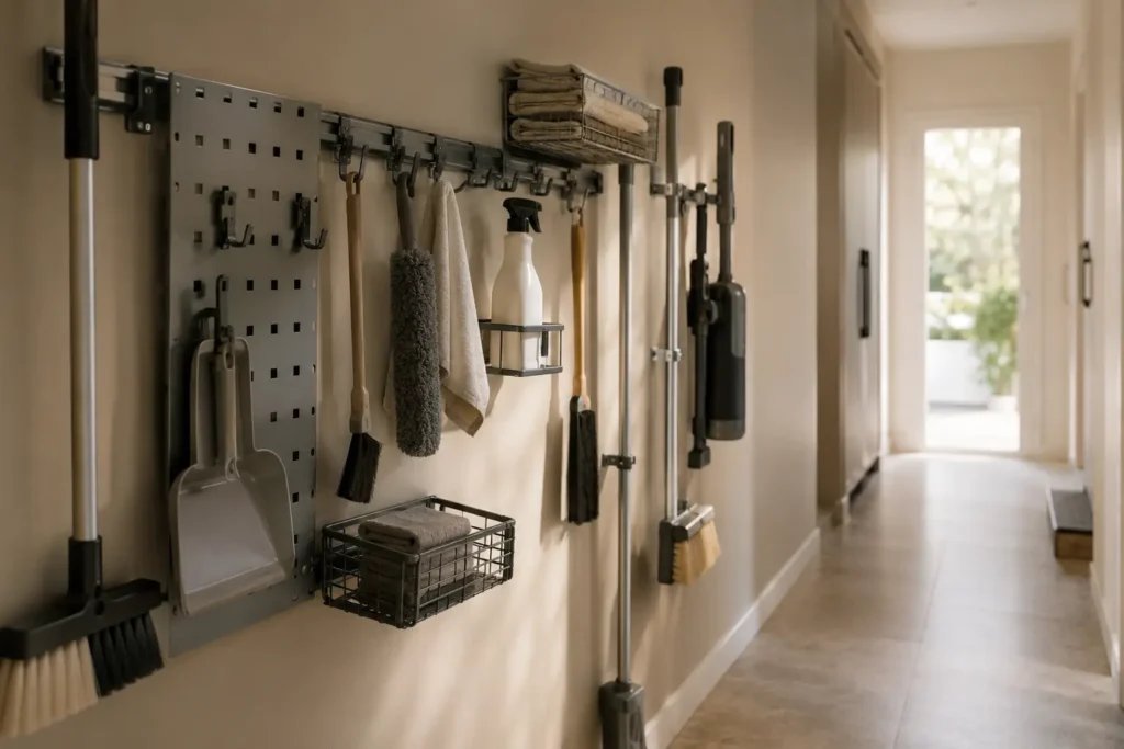 Organized hallway storage system illustrating household system friction points and structural maintenance architecture for long-term home stability
