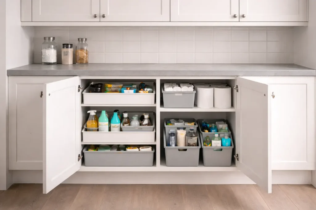 Structured kitchen cabinet system illustrating modular load distribution within household maintenance architecture.